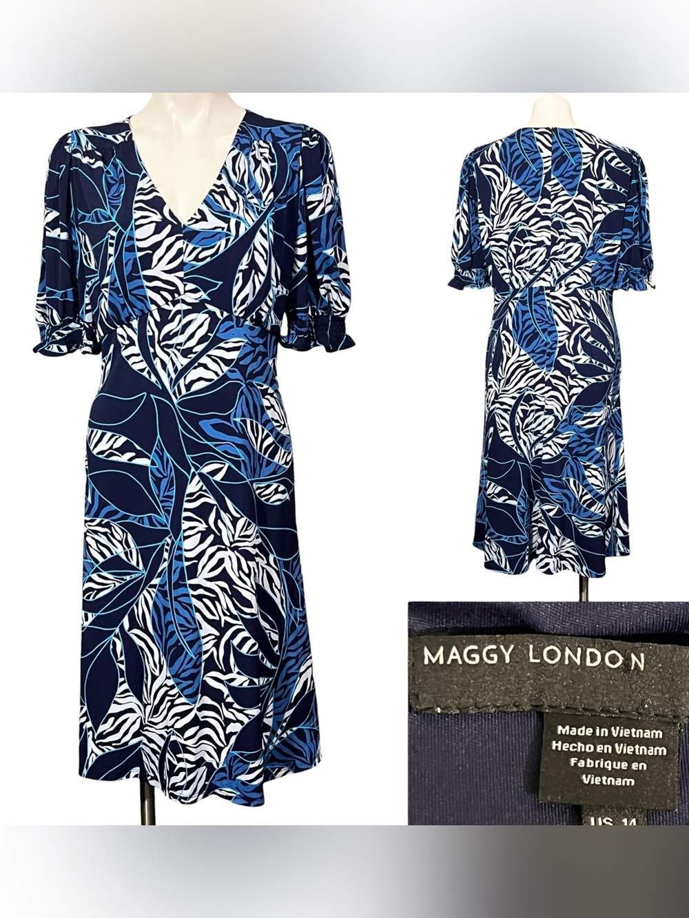 Maggy London dress sz 14 Blue/white Leaf-Print V-Neck Midi stretch short sleeve